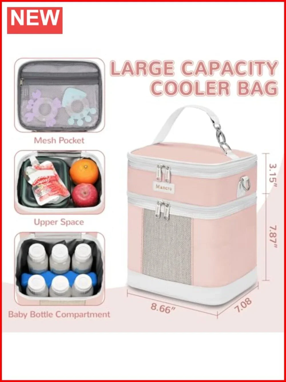 Insulated Breast Milk Cooler Travel Bag Fits 6 Bottles with Ice Pack